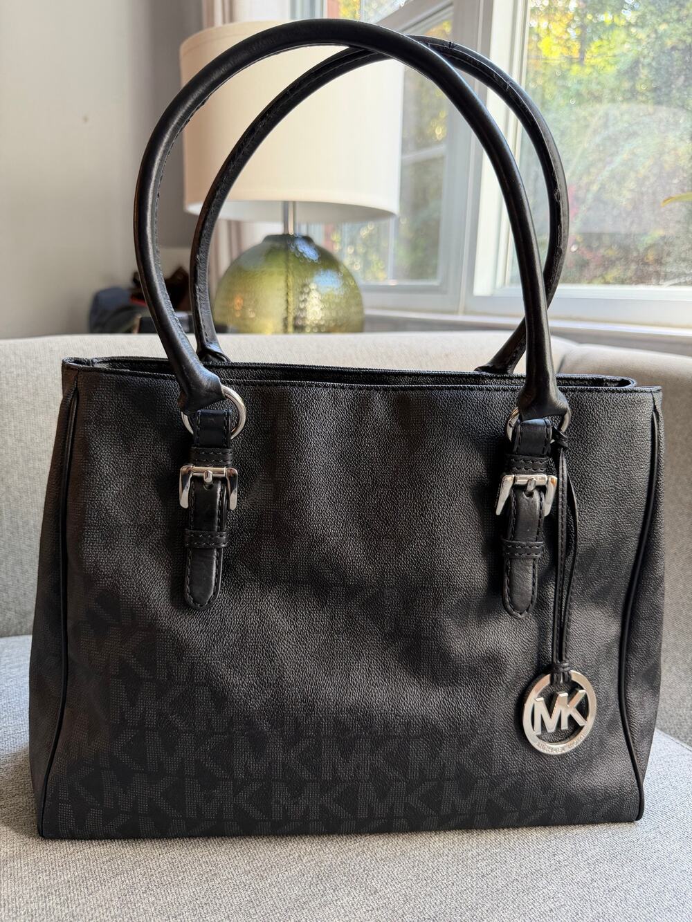 Michael Kors Jet Set Medium Bag PVC Coated Black Silver Logo Work Tote